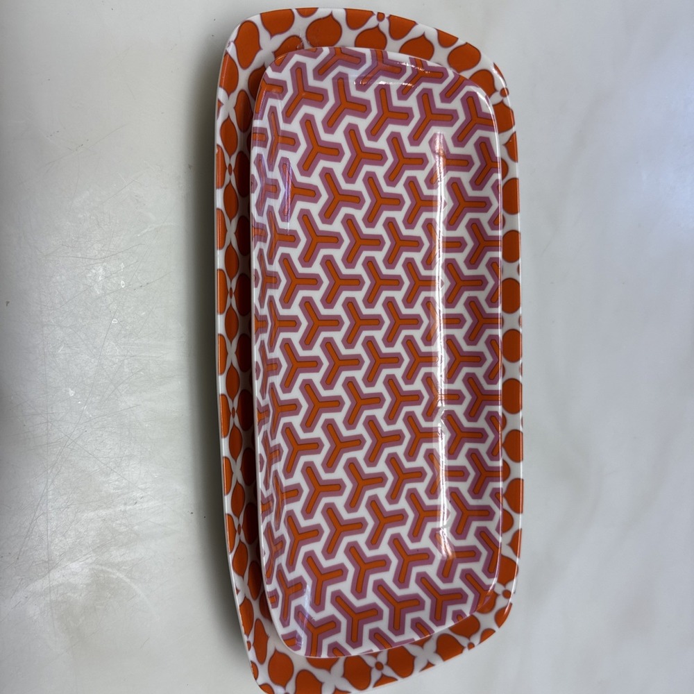 Jonathan Adler Geometric Pair Of Serving Platters In Orange And Pink Retro Funky - Picture 7 of 11